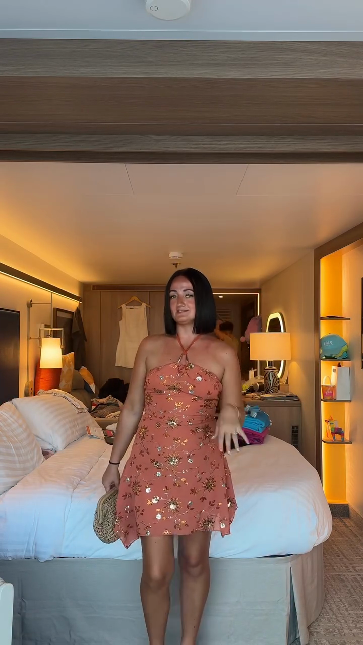 Peach Halter Neck Sequin Mini Dress