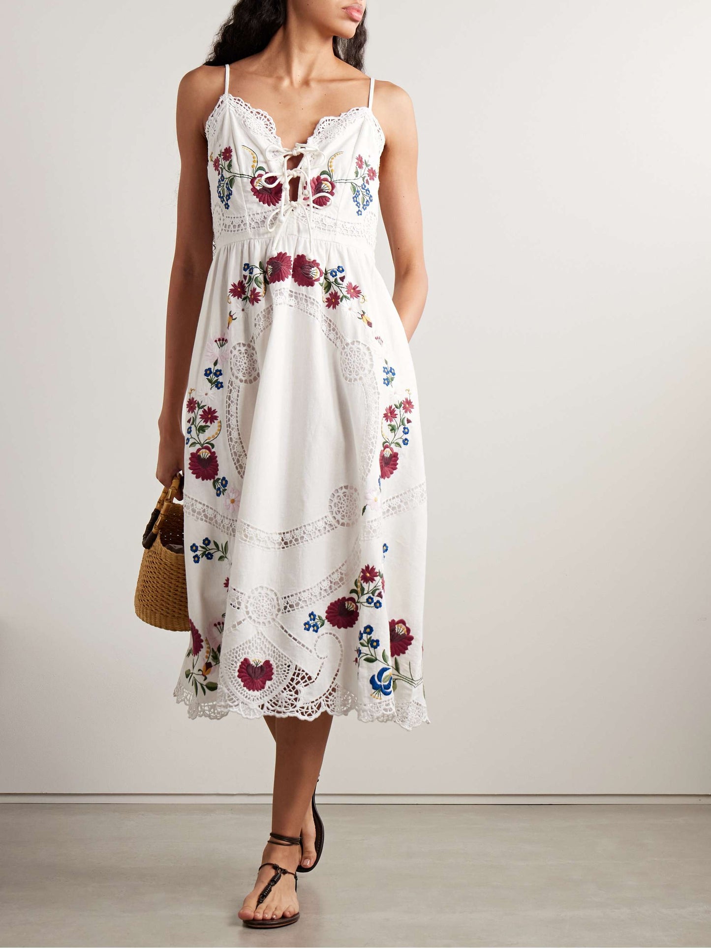 White Embroidered Lace - Up Midi Dress