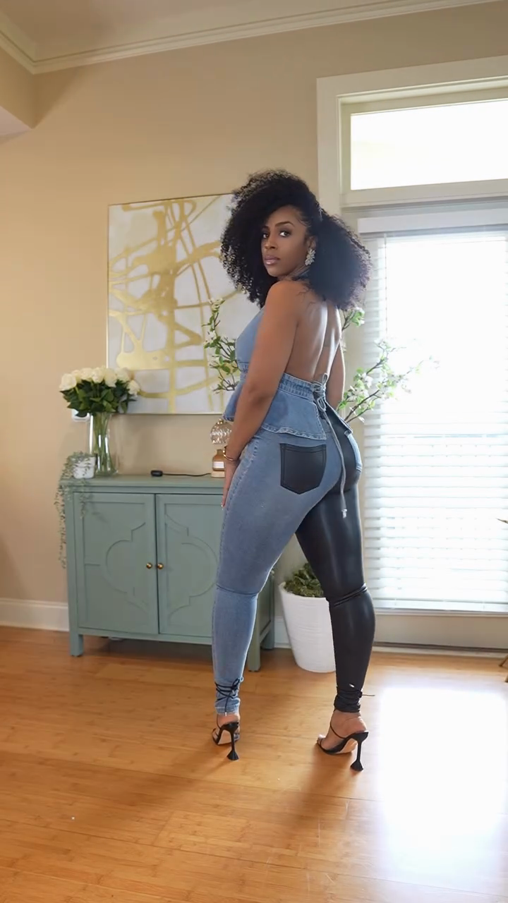 Asymmetric Denim & Faux Leather Two - Piece Set