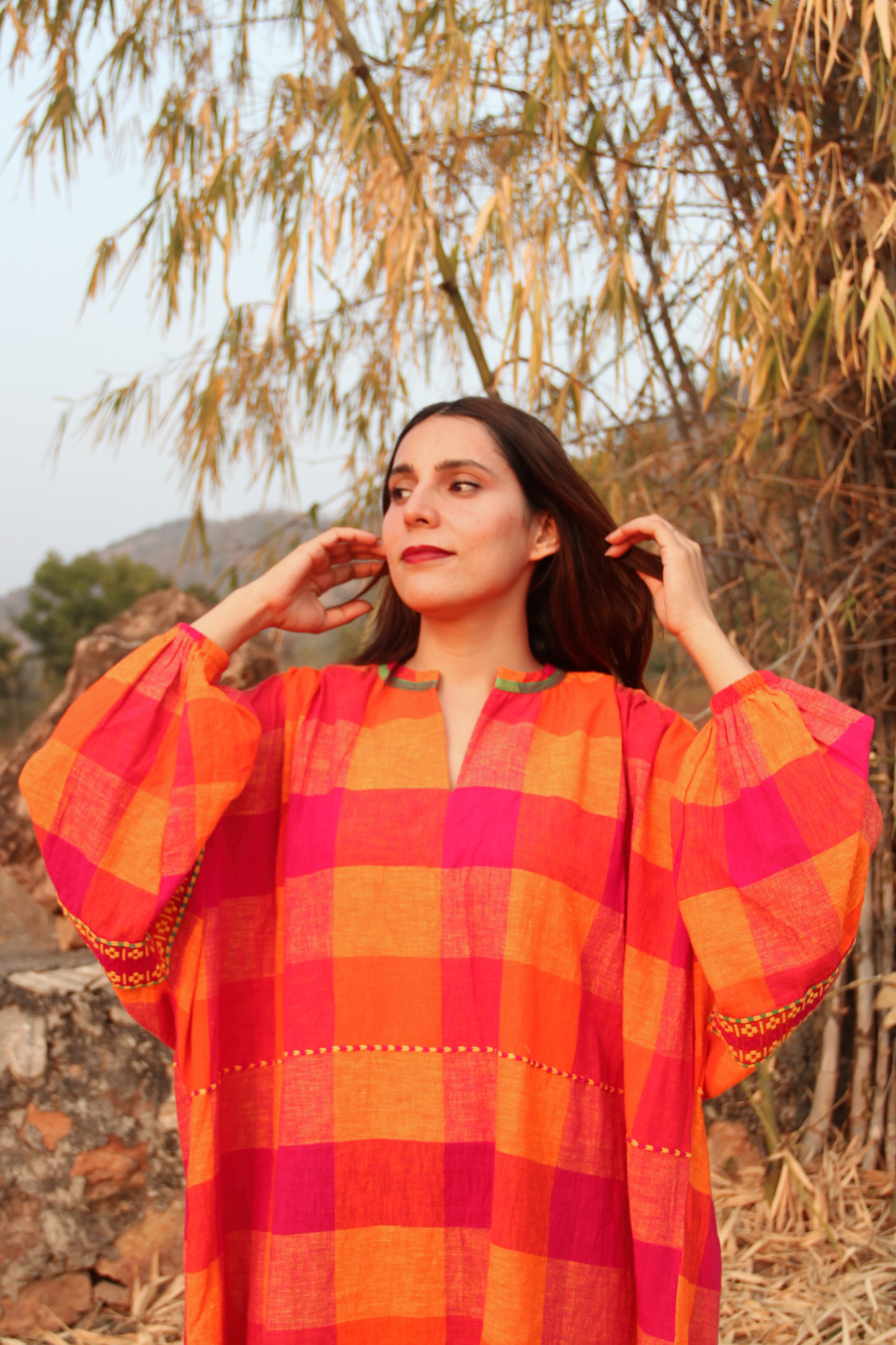 Vibrant Pink and Orange Checkered Maxi Dress