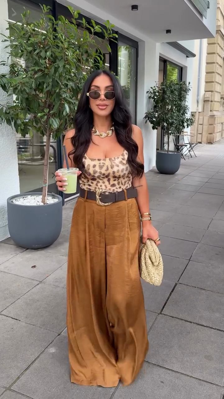 Leopard Print Crop Top & High - Waisted Wide - Leg Pants Set