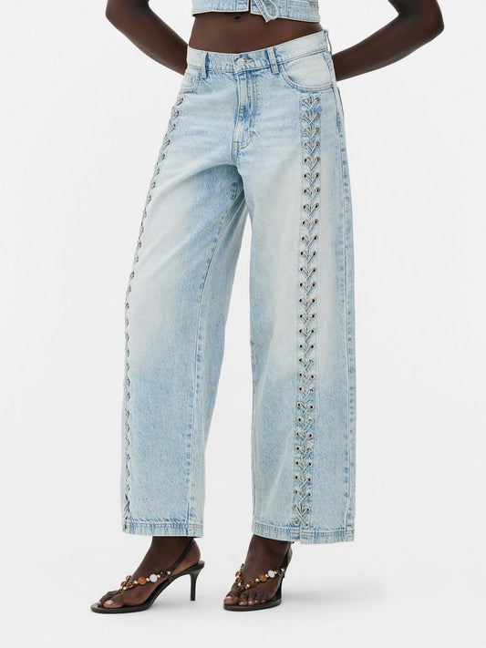 Light Blue Lace - Up Wide - Leg Denim Jeans