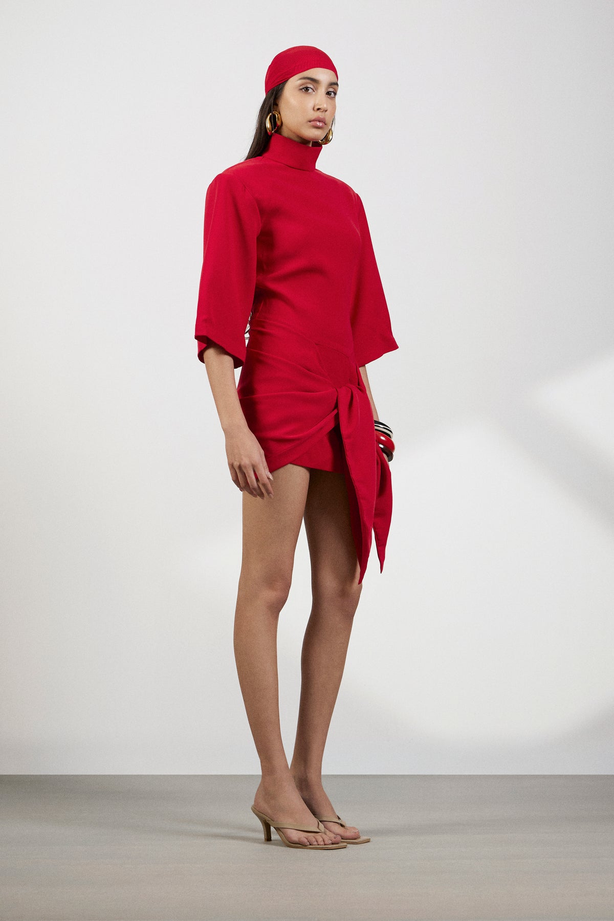 Red High - Neck Tie - Waist Mini Dress