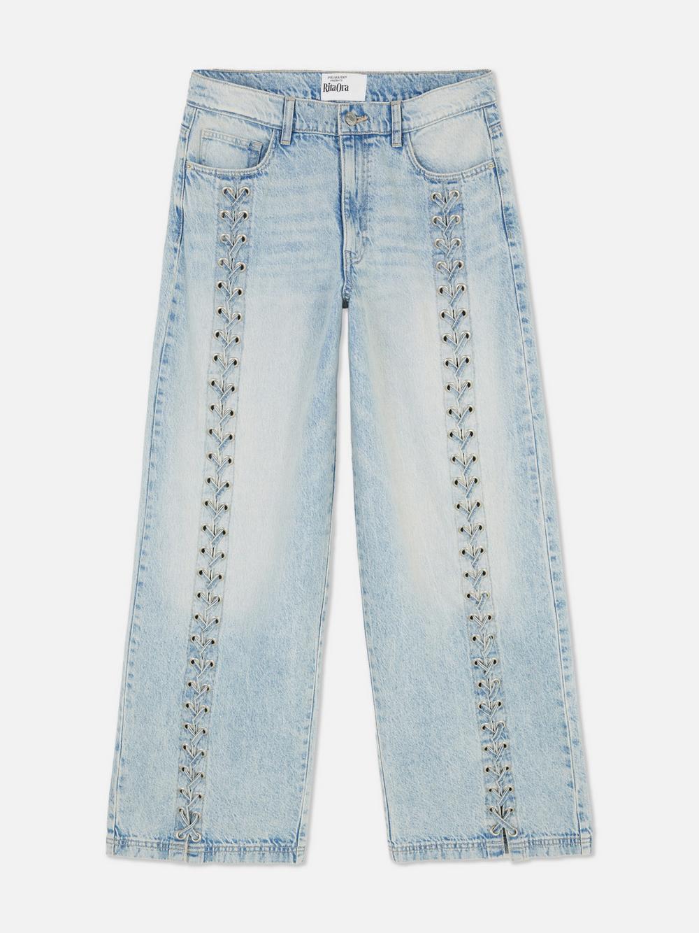 Light Blue Lace - Up Wide - Leg Denim Jeans