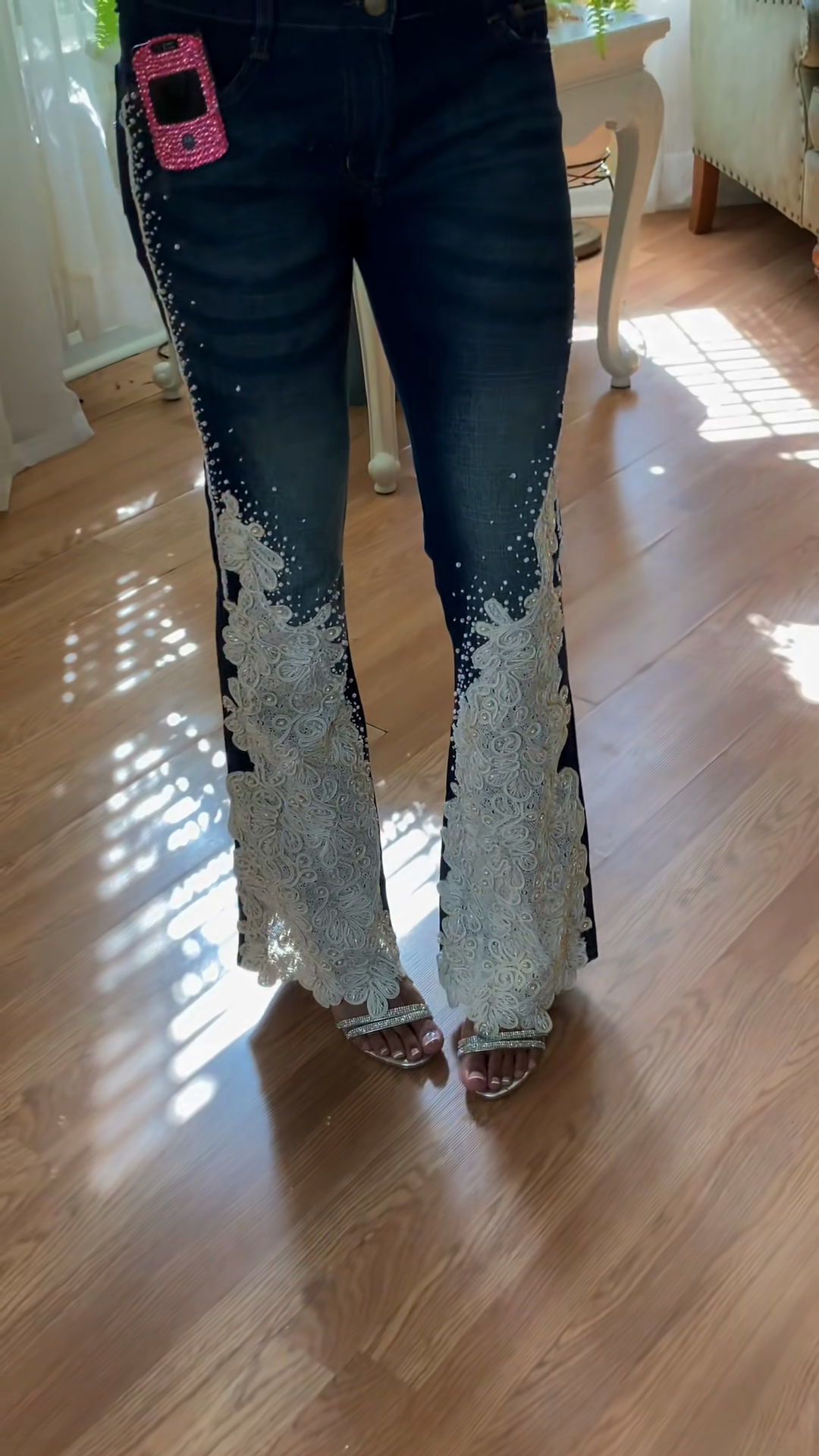 White Embellished Denim Flare Jeans