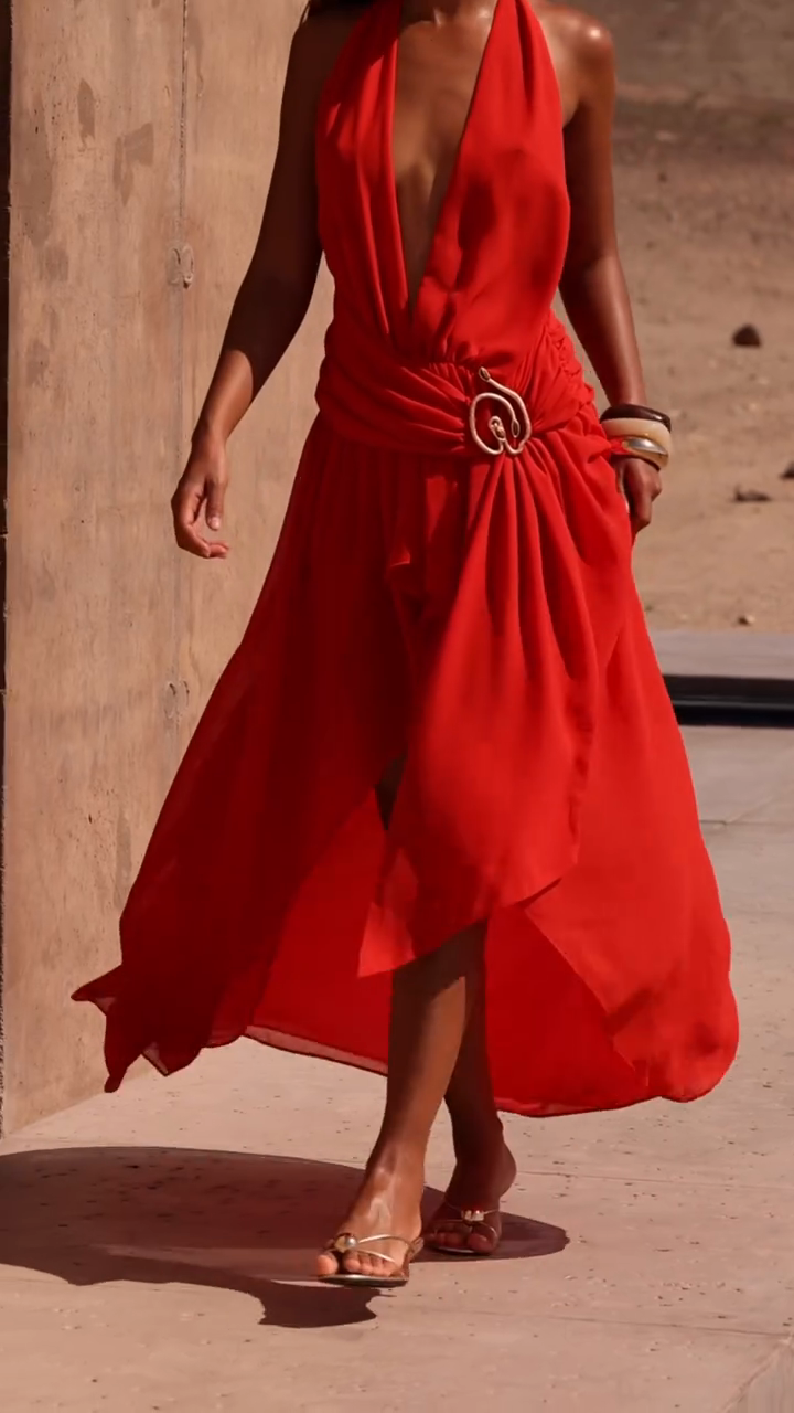 Red Halter Neck Asymmetrical Maxi Dress