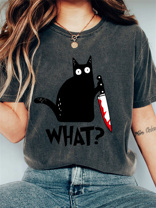Black Cat with Bloody Knife Vintage Washed T Shirt