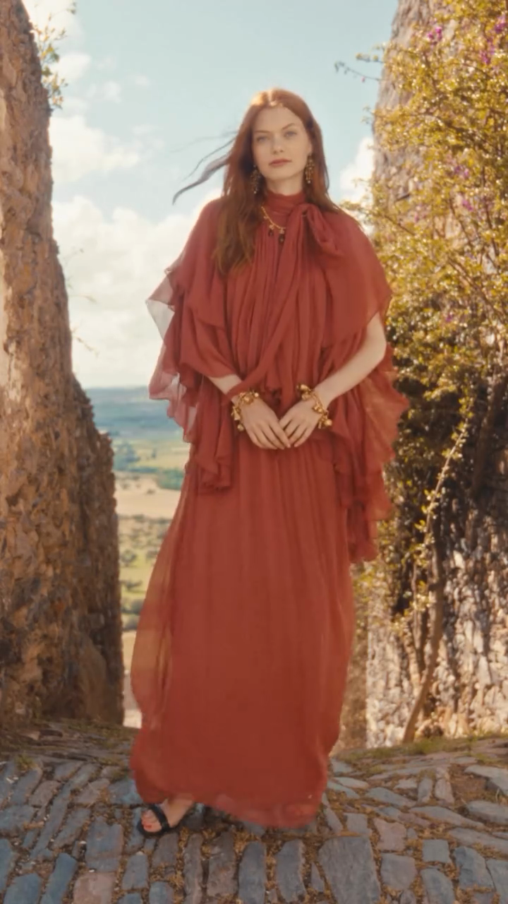 Rusty Pleated Chiffon Maxi Dress