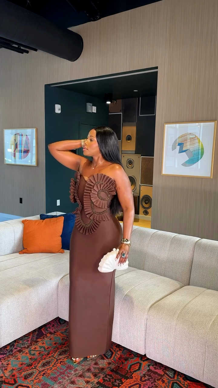 Ruffled Strapless Maxi Evening Dress