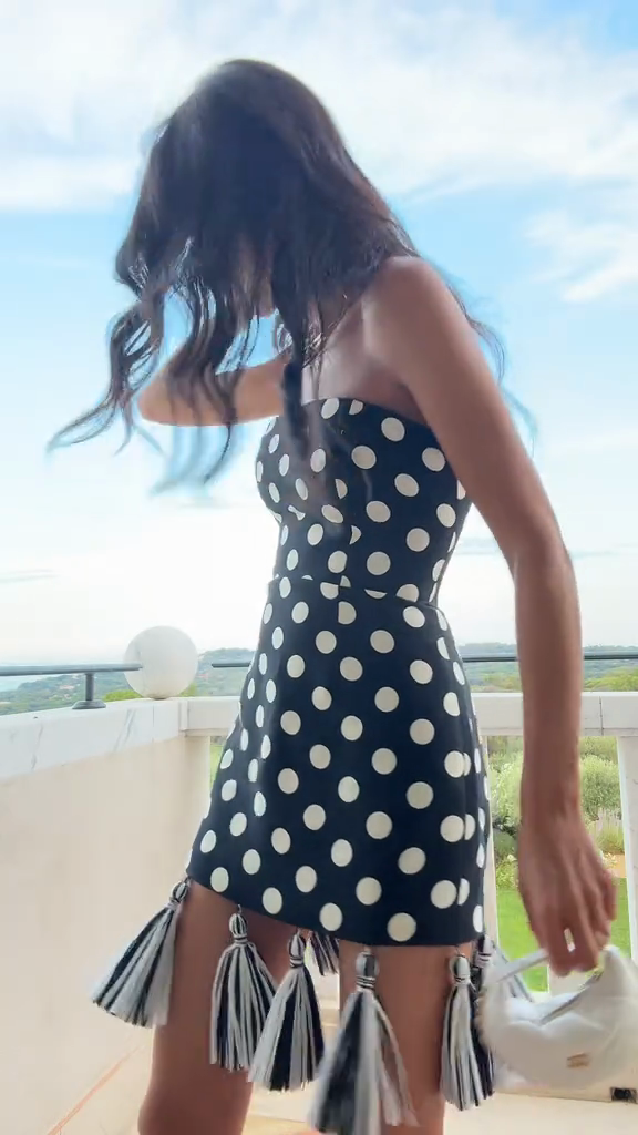 Black and White Polka Dot Strapless Mini Dress with Tassels