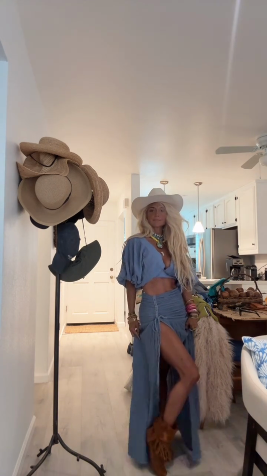 Light Blue Cropped Top and High - slit Skirt Set