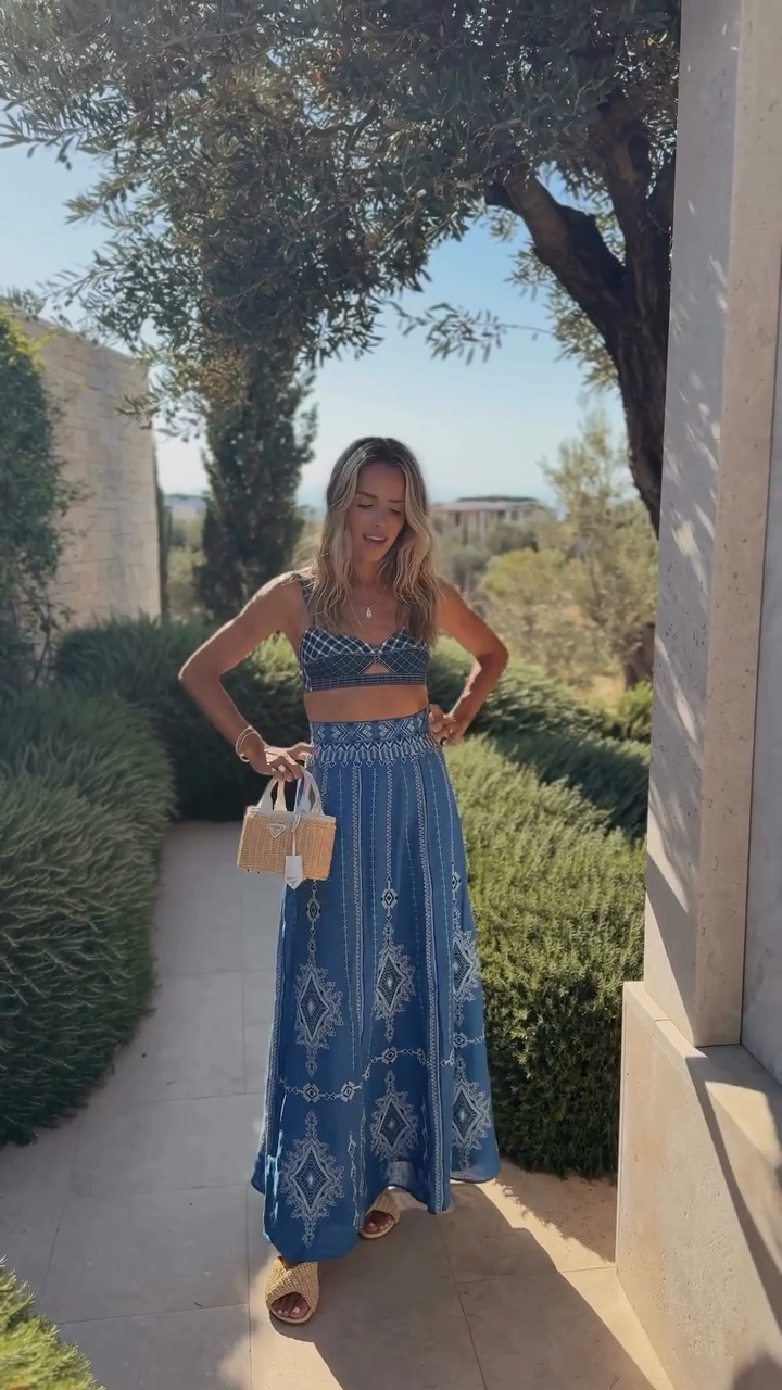 Blue Boho - style Crop Top and Maxi Skirt Set
