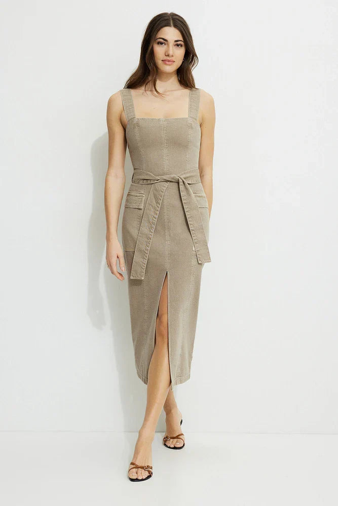 Olive Green Linen Draped - Neck Dress