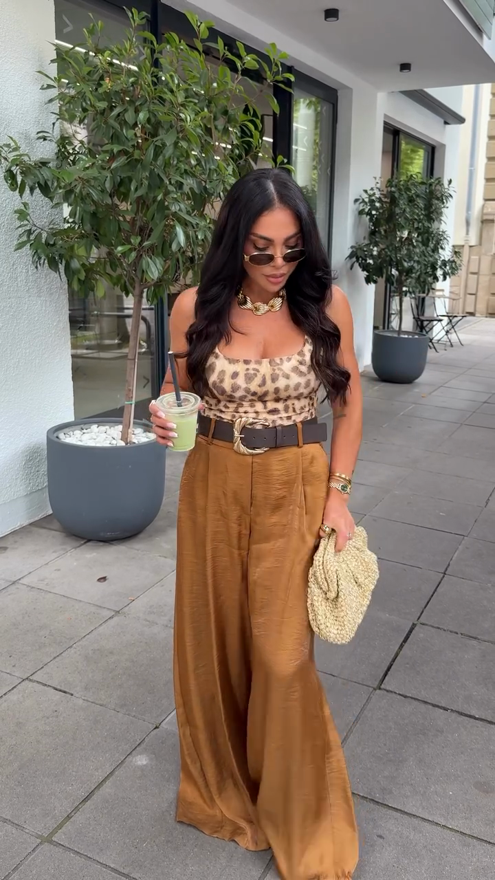 Leopard Print Crop Top & High - Waisted Wide - Leg Pants Set