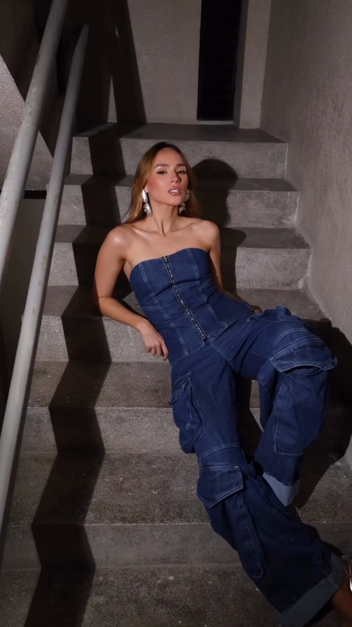 Denim Strapless Corset Top with Cargo Pants Set