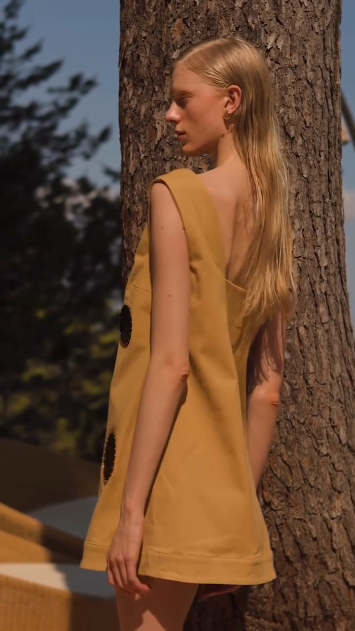 Mustard Yellow Large Circle Hollow Sleeveless Shift Dress