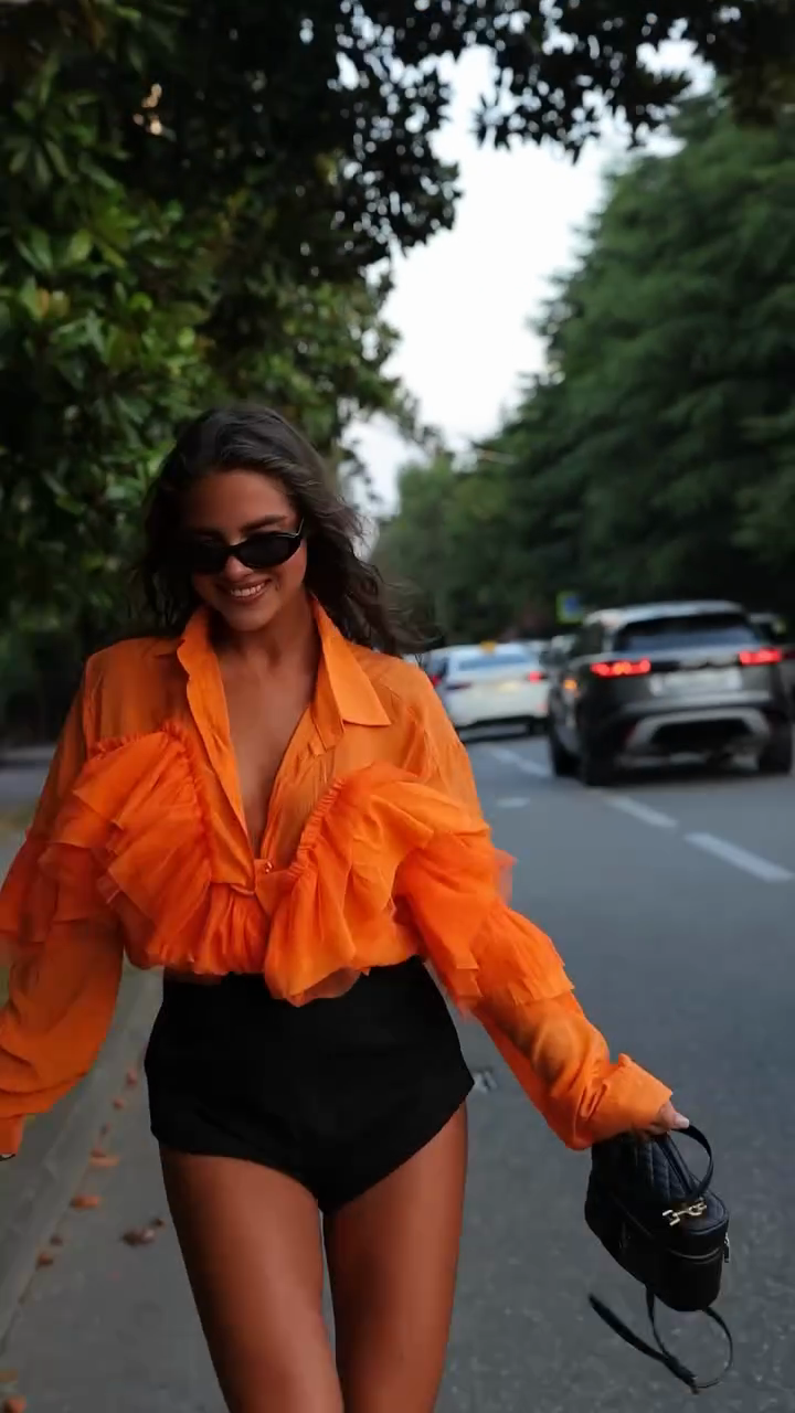 Orange Ruffled Long - sleeve Shirt