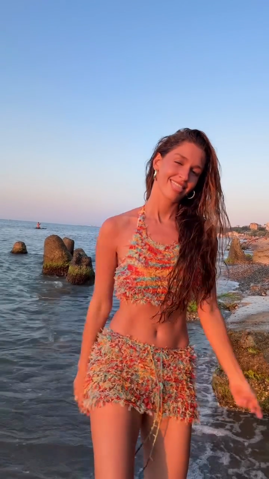 Multicolored Crochet Halter Crop Top and Shorts Set