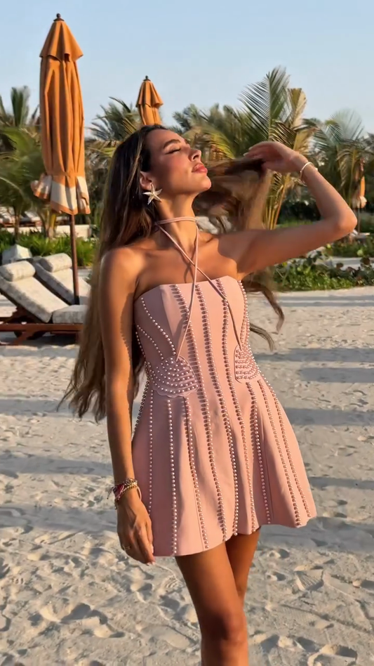 Pink Pearl - Embroidered Strapless Mini Dress