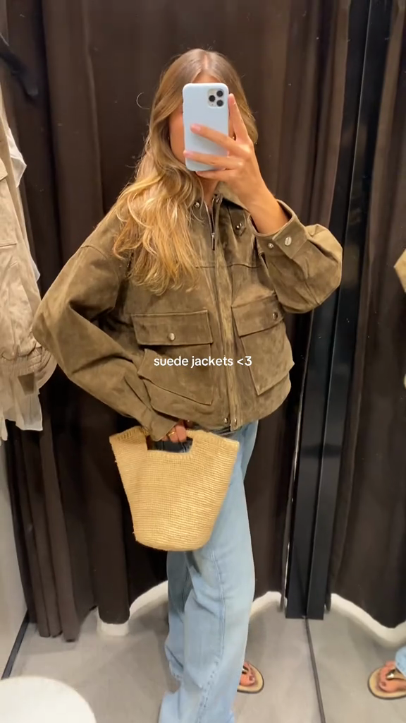 Khaki Suede Cropped Jacket with Flap Pockets