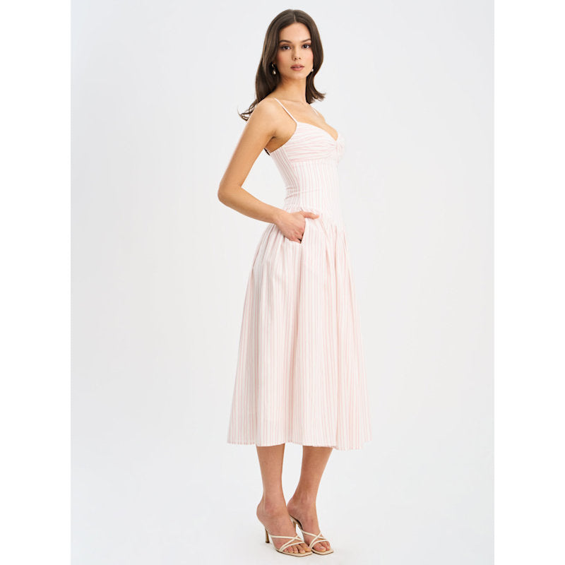 Pink Striped Sweetheart Neck Spaghetti Strap Midi Dress