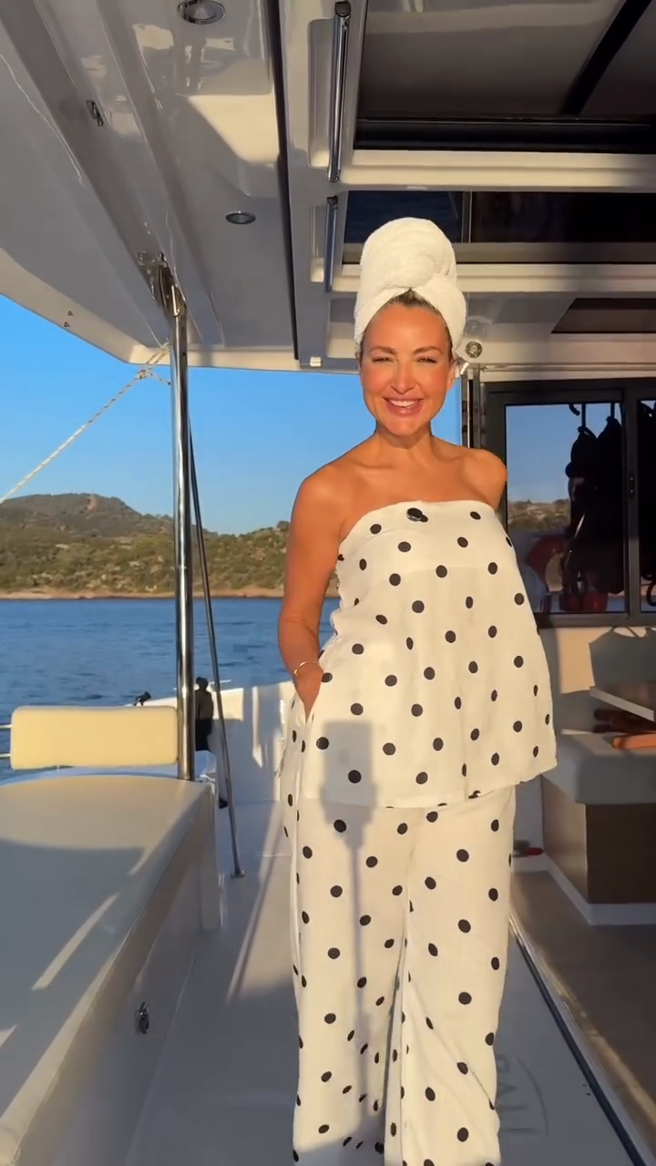 White Polka - dot Strapless Top and Pant Set