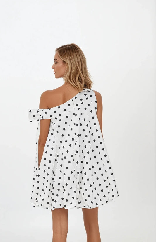 Polka Dot One - Shoulder Tie - Detail Mini Dress