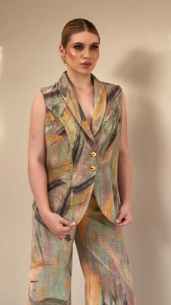 Abstract Print Sleeveless Blazer & Wide - Leg Pants Set
