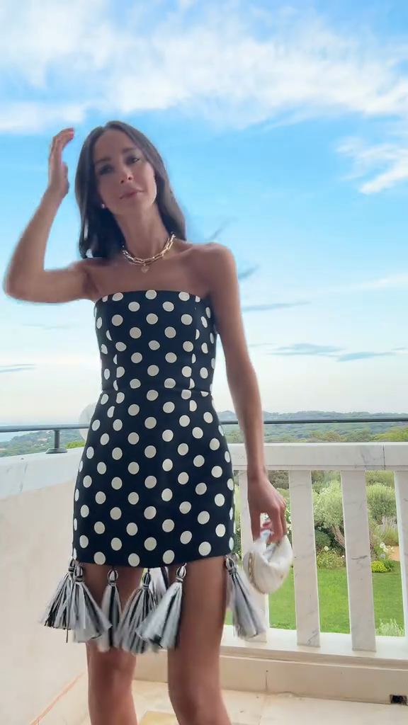 Black and White Polka Dot Strapless Mini Dress with Tassels