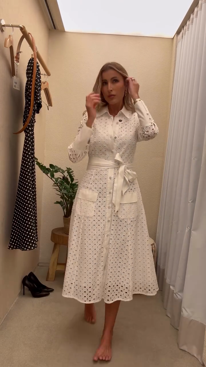 White Eyelet Embroidered Shirt Dress