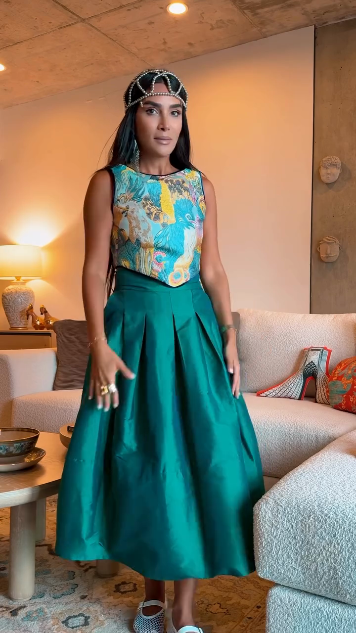 Printed Top & Emerald Green Pleated Skirt Set