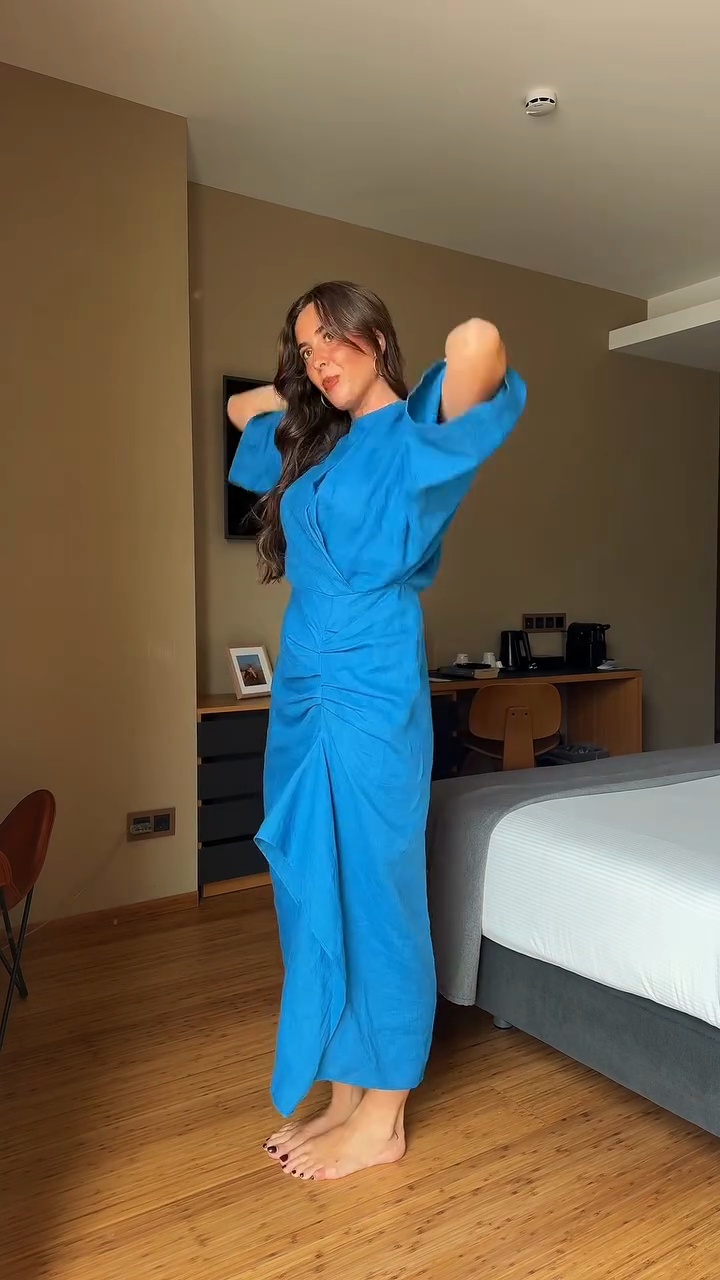 Blue Asymmetric Ruched Dress