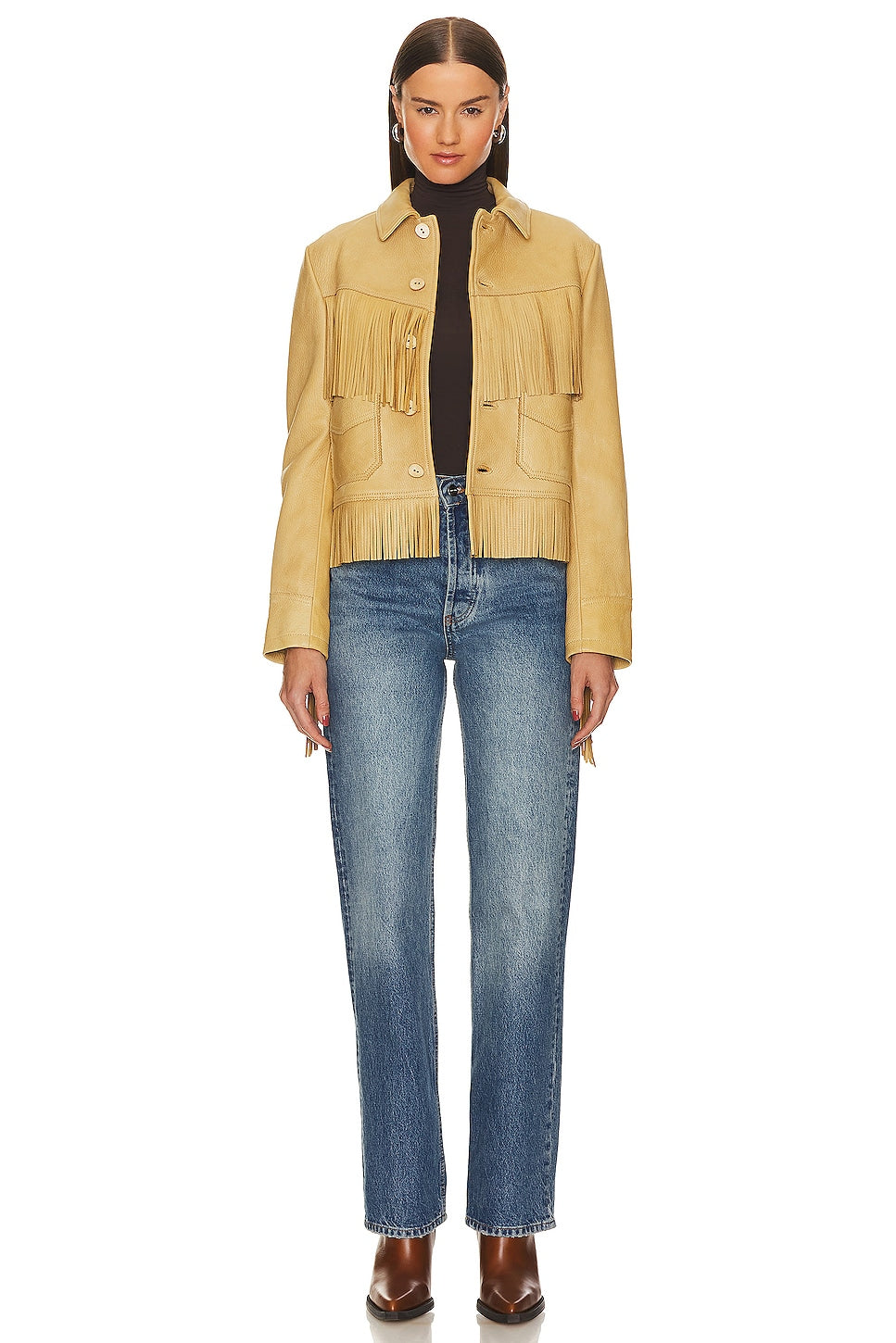 Light Yellow Fringe Leather Jacket