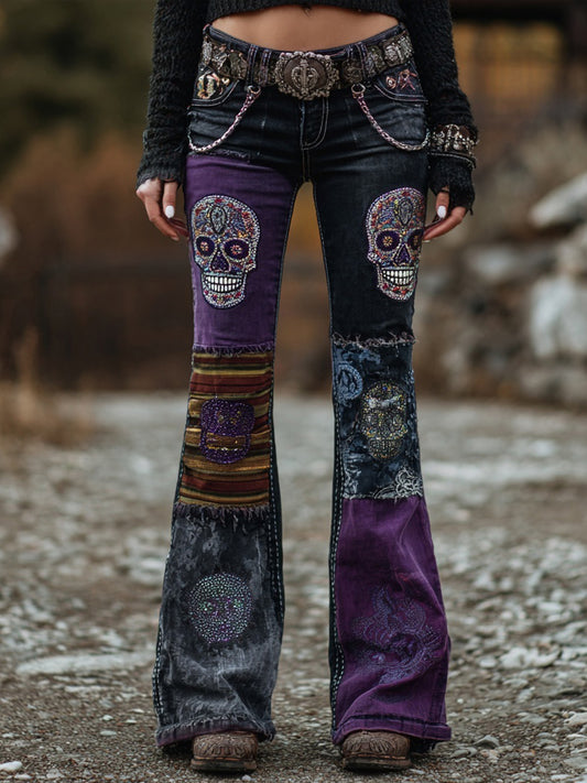 Vintage Skull Embroidered Patchwork Washed Bootcut Jeans