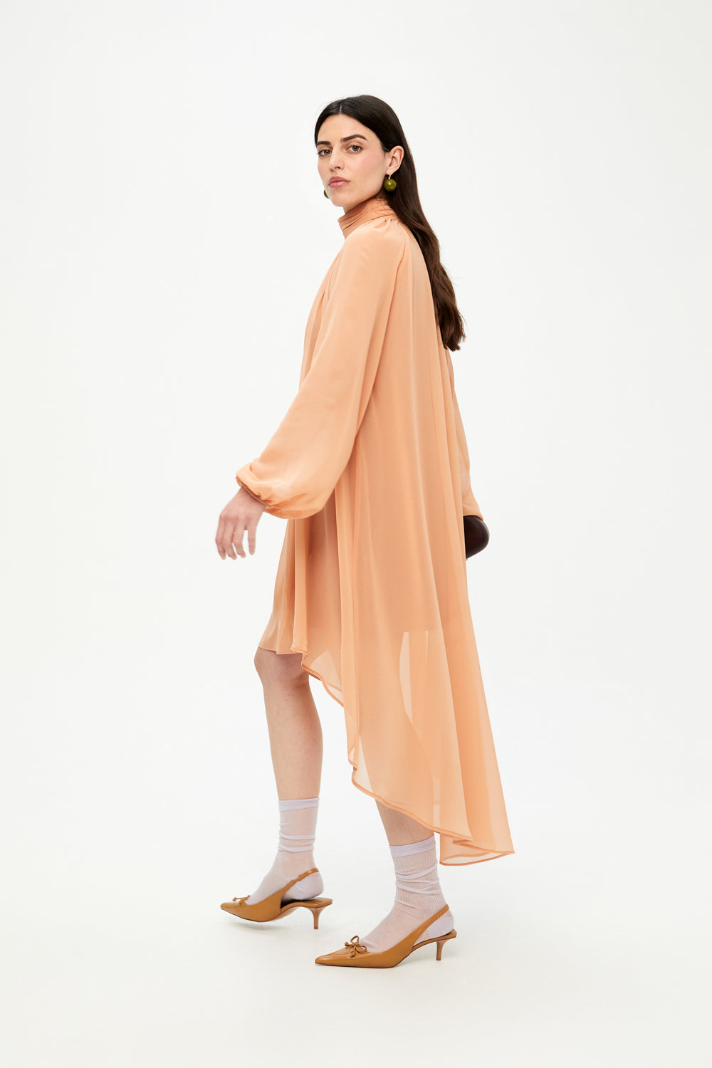 Peach - Colored High - Neck Chiffon Dress