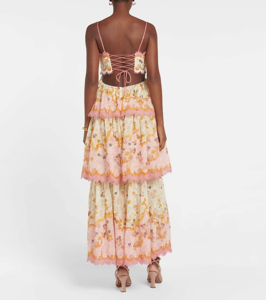 Pink and Cream Floral Print Tiered Maxi Dress