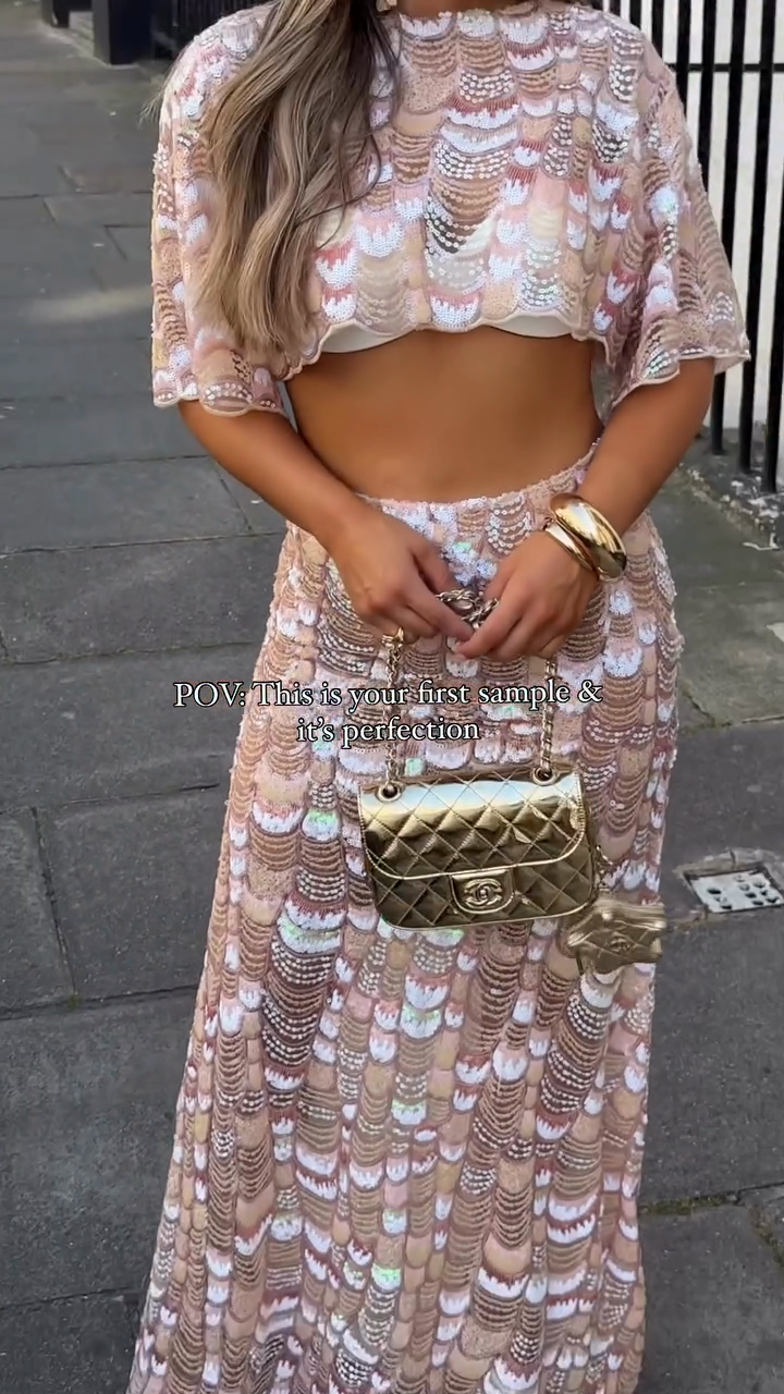 Pink Sequin Crop Top and Maxi Skirt Set