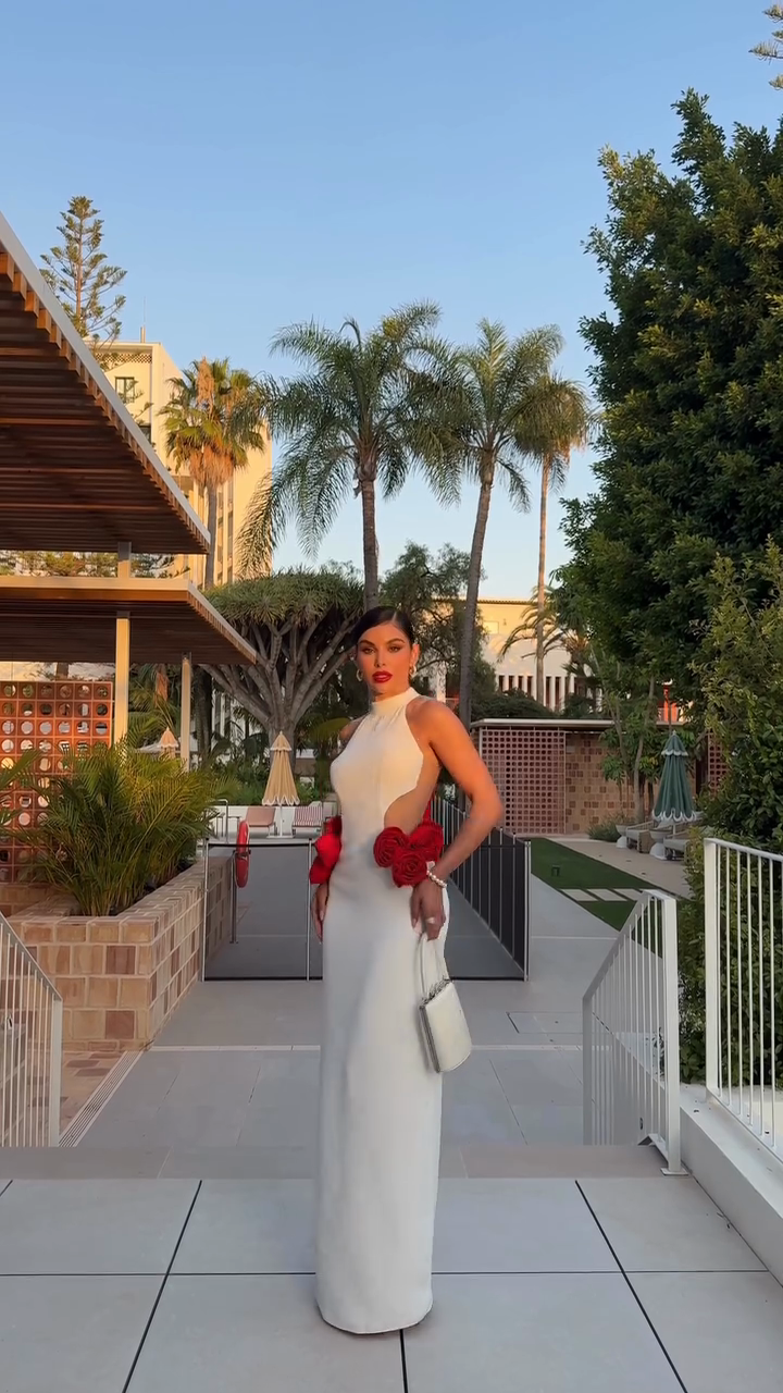 White Halter - Neck Cut - out Maxi Dress with Red Rose Embellishments