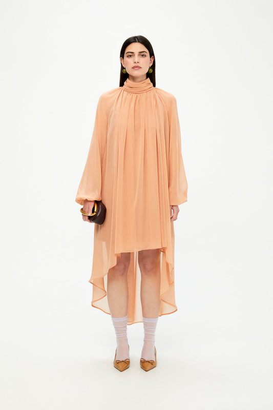 Peach - Colored High - Neck Chiffon Dress
