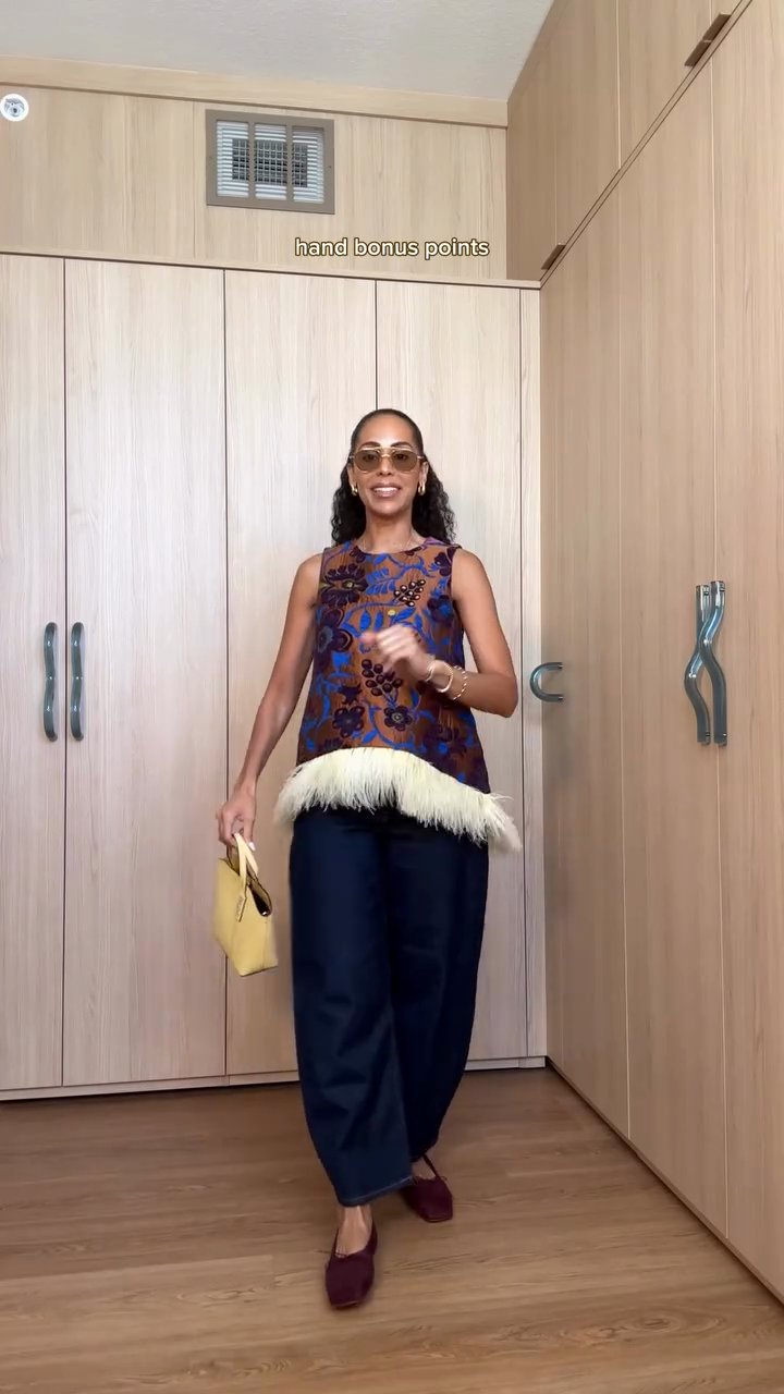 Brown Blue - Floral Embroidered Feather - Trimmed Top