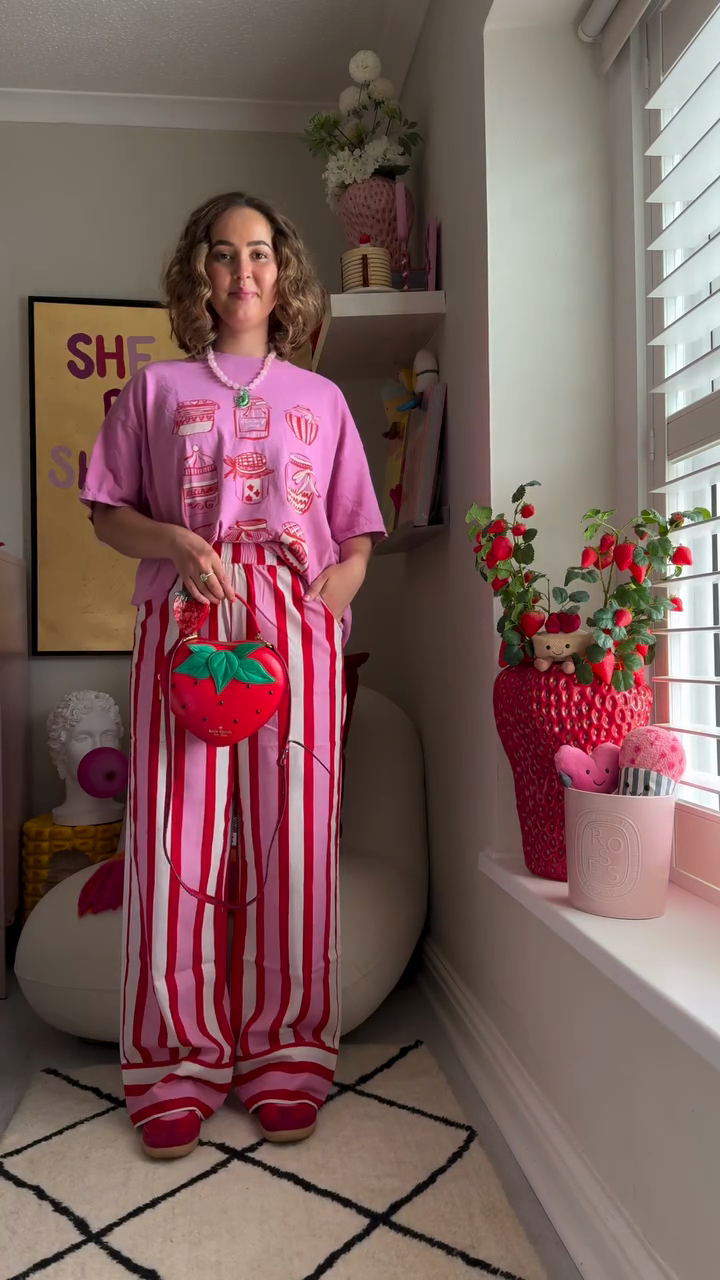 Pink Graphic T - shirt with Red and White Striped Wide - leg Pants Set