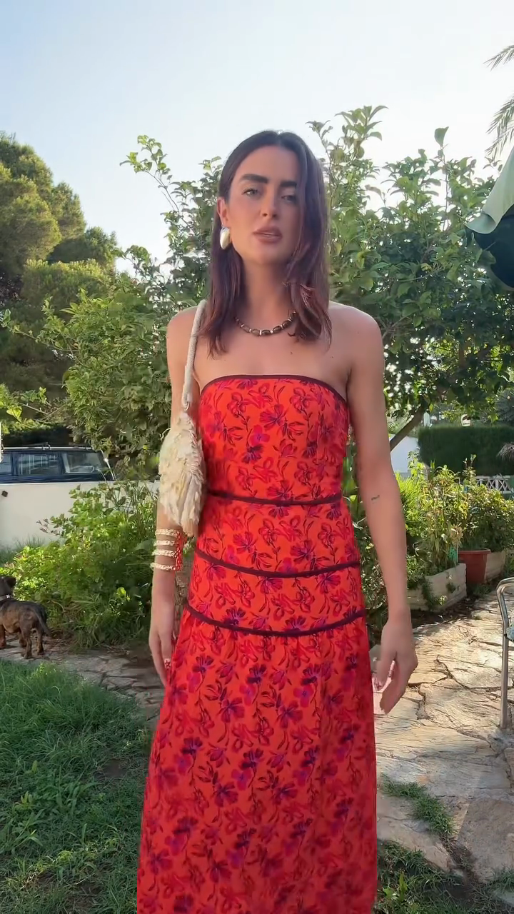 Red Floral - Printed Strapless Midi Dress