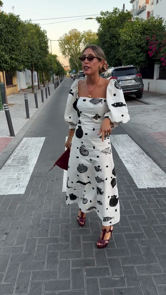 White Midi Dress with Black Marine - themed Print