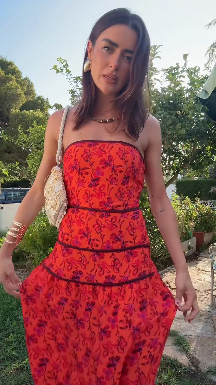 Red Floral - Printed Strapless Midi Dress