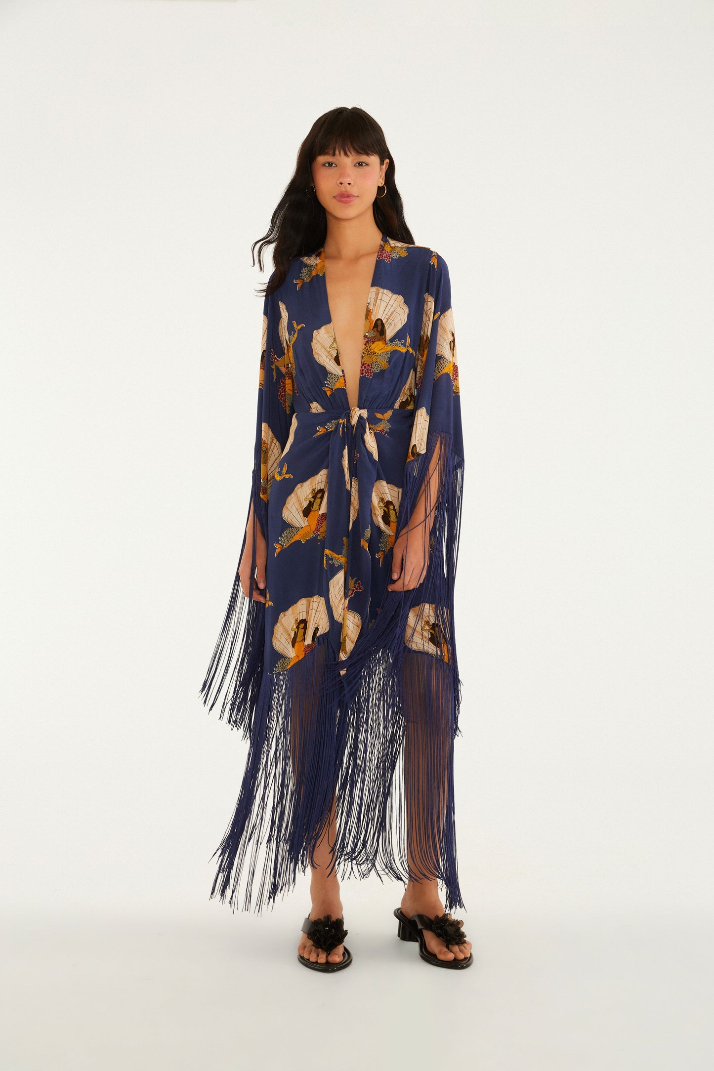 Navy Blue Printed Fringe - Trimmed Wrap Dress