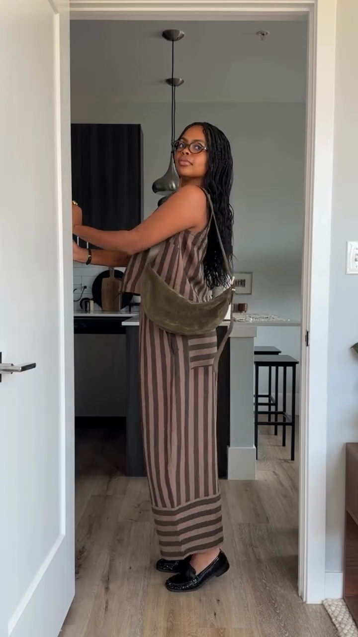 Brown and Black Striped Sleeveless Top and Wide - leg Pants Set