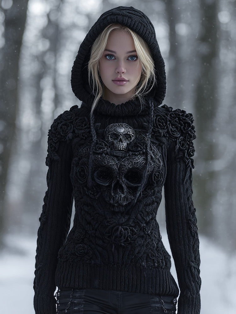Women's Vintage Celtic Knot Skull And Roses Knitted Hooded Sweater