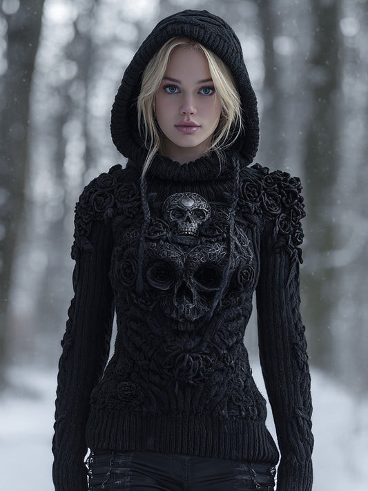 Women's Vintage Celtic Knot Skull And Roses Knitted Hooded Sweater