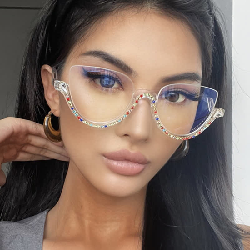 Spykay™ EG26687 Cat-Eye Frame Rhinestone Decor Semi-Rimless Glasses
