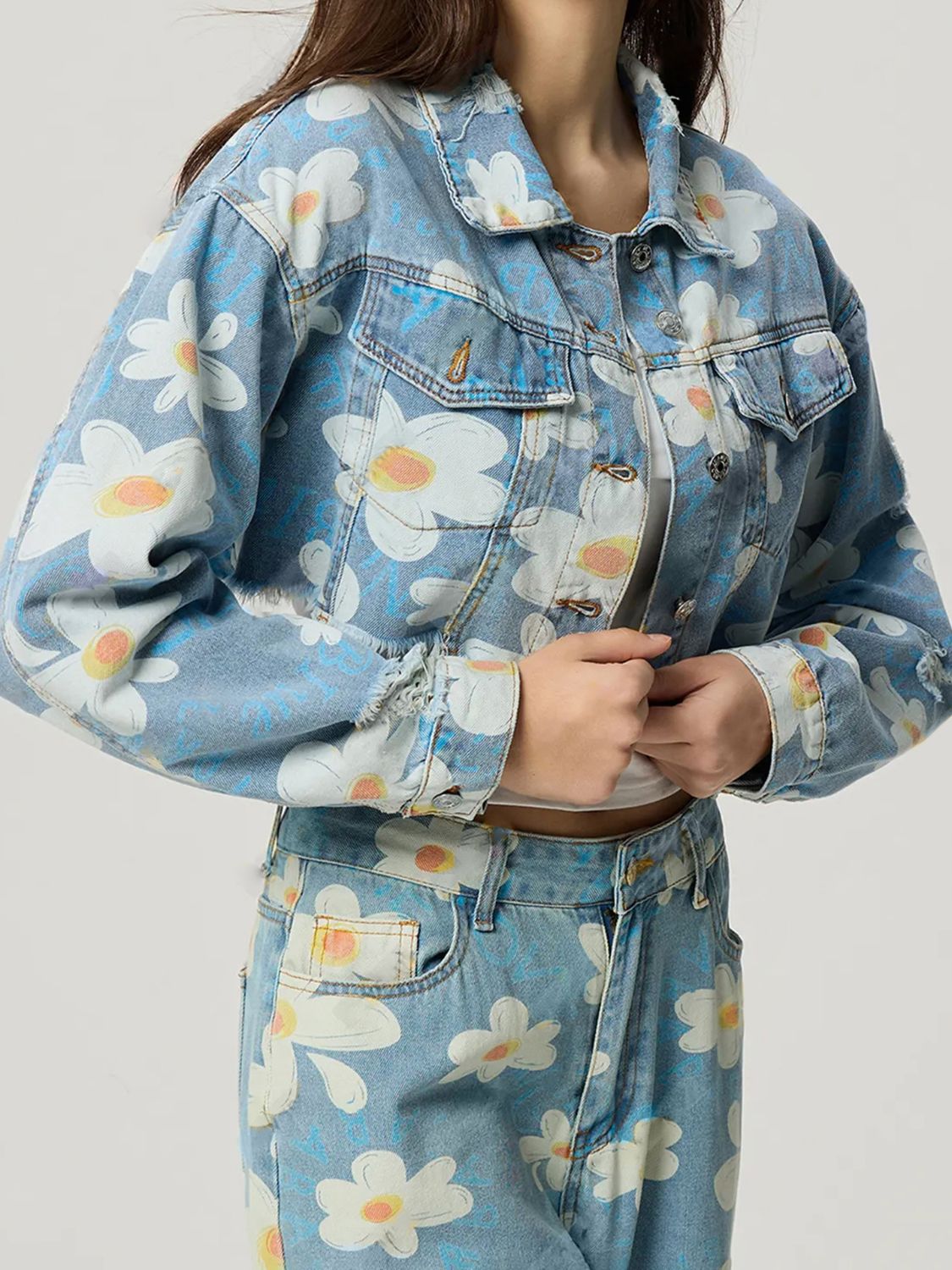 Daisy - Printed Cropped Denim Jacket & Jeans Set